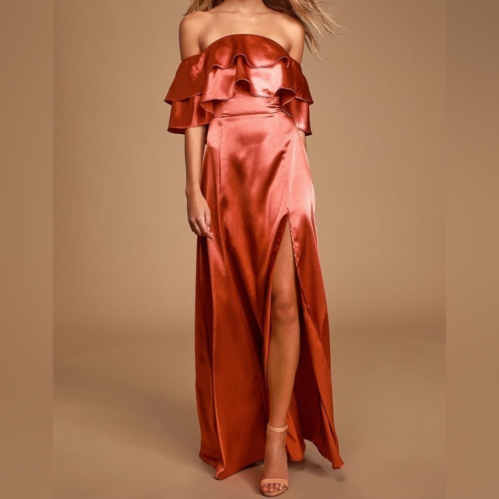 Lulus Pure Happiness Rust Orange Satin Off-the-Shoulder Maxi Dress Size XS